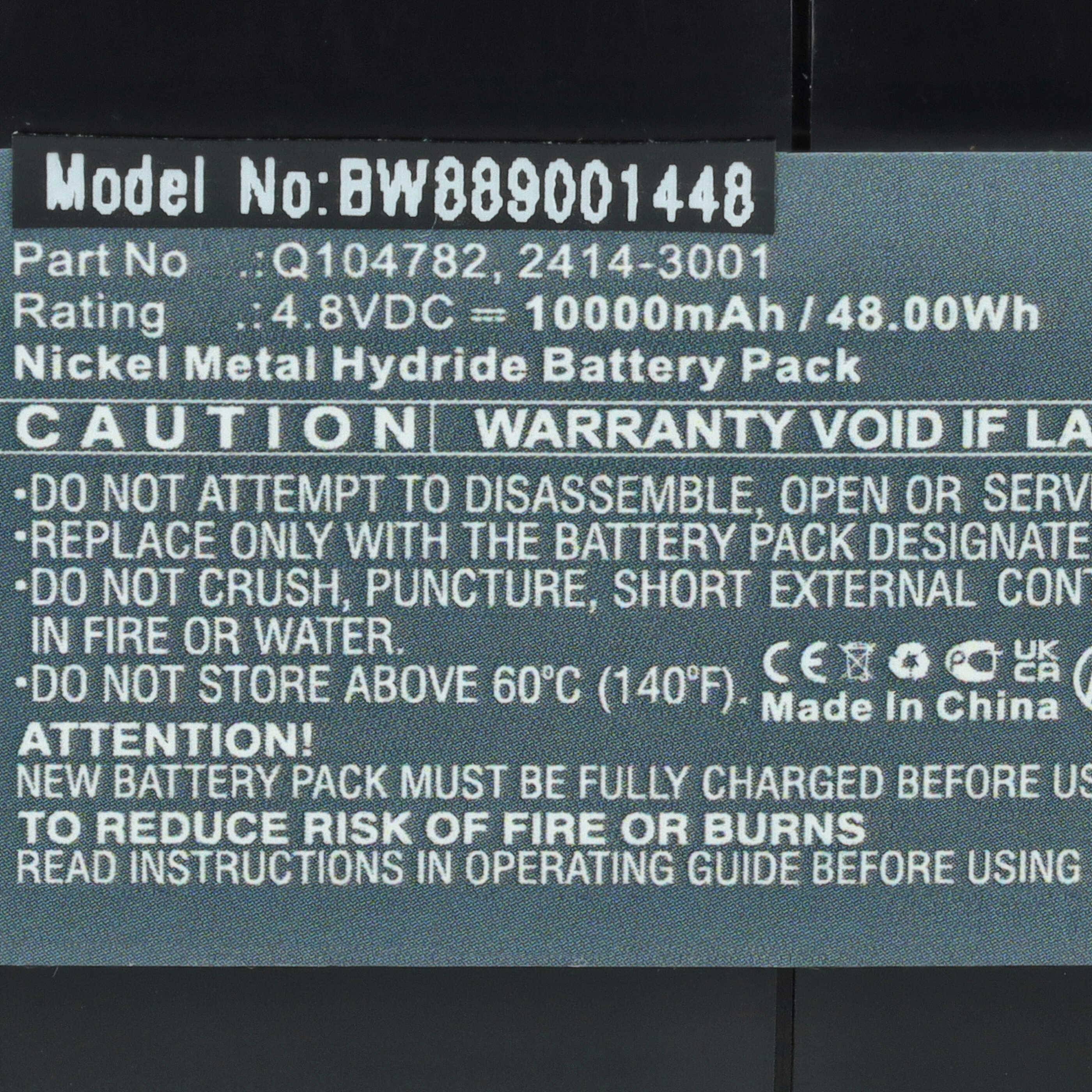 Batterieninformationsetikett: Modell QW104782, 4414-3001, 7,4V, 6000mAh, 48,00Wh; Warnungen vor Demontage, Feuer und unsachgemäßer Verwendung.