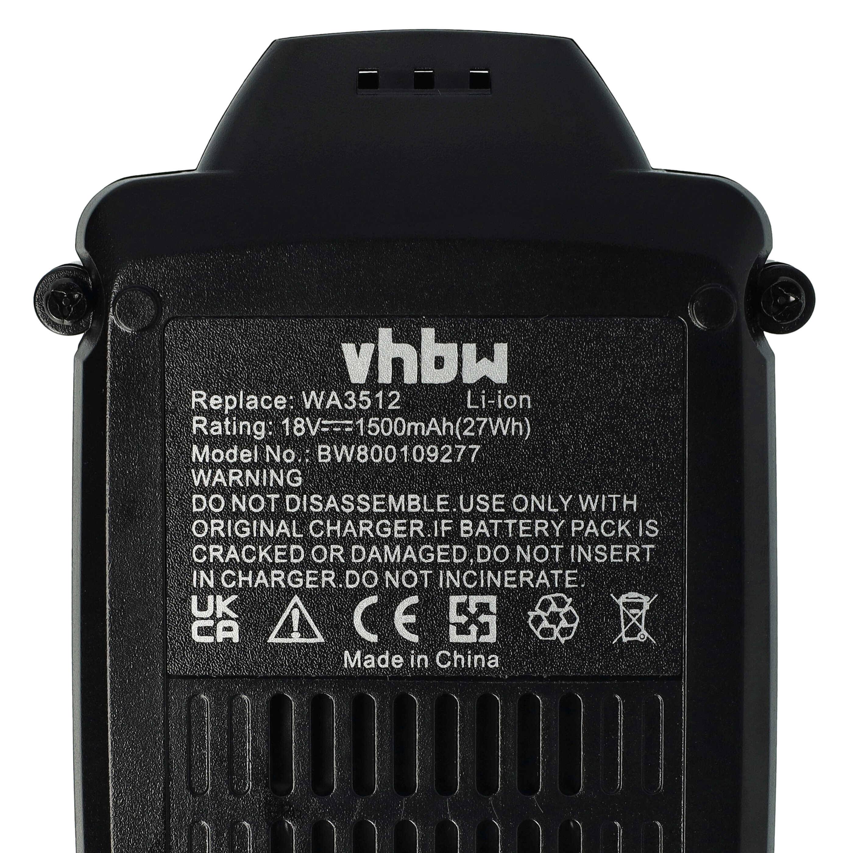 vhbw Akku Ersatz für Worx WA3549.1, WA3551.1, WA3553.2, WA3572, WA3528 für Werkzeug (1500 mAh, Li-Ion, 18 V)