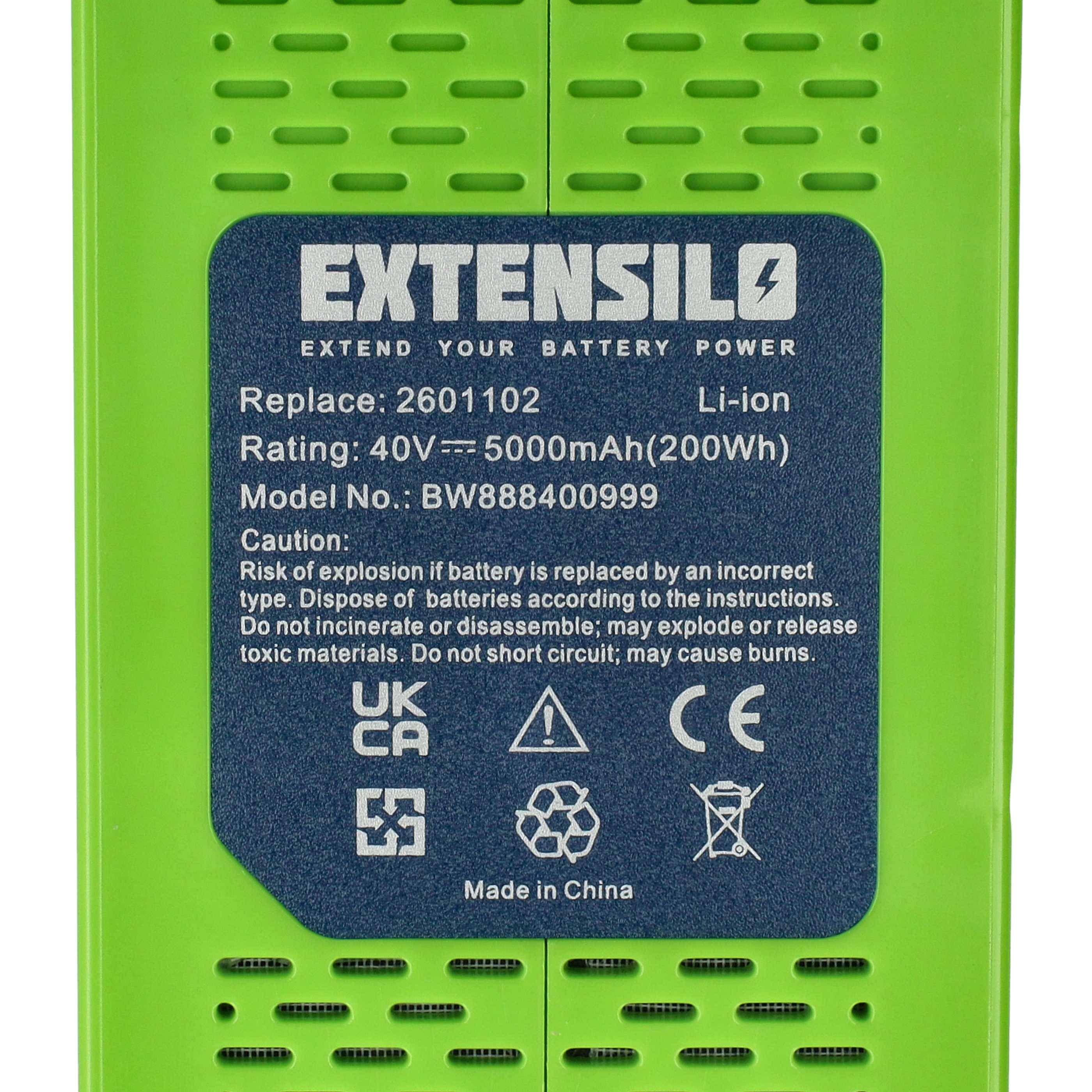 EXTENSILO Akku kompatibel mit Greenworks G40LM45K4, G40LM45K2X, G40LM45, G40LM41K2X, G40LM49DB, G40LM49DB2 Akku-Gartengeräte (5Ah, 40V Li-Ion)