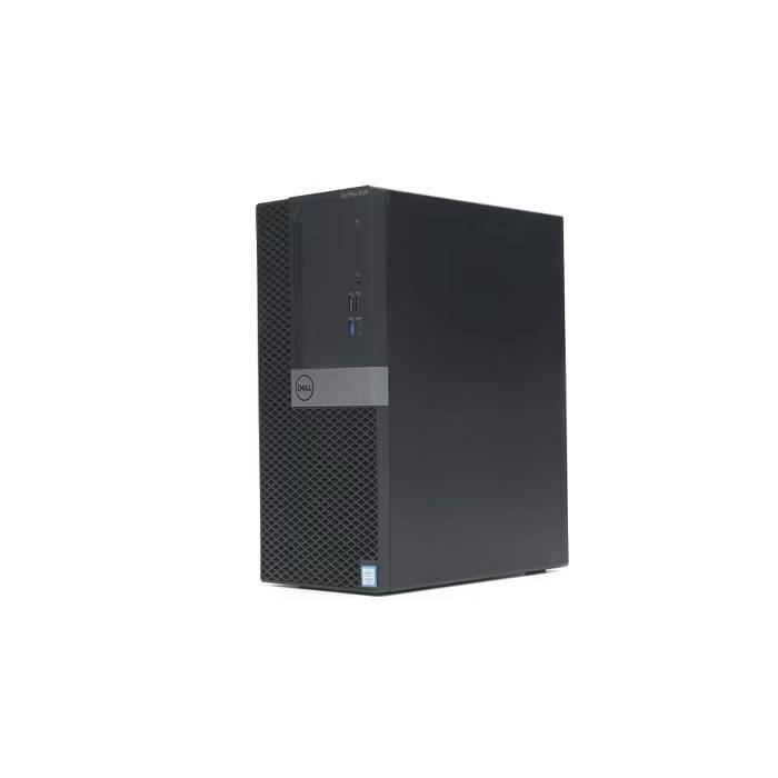 Ein schwarzer Desktop-Computerturm mit USB-Anschlüssen und einem Einschaltknopf an der Frontplatte.