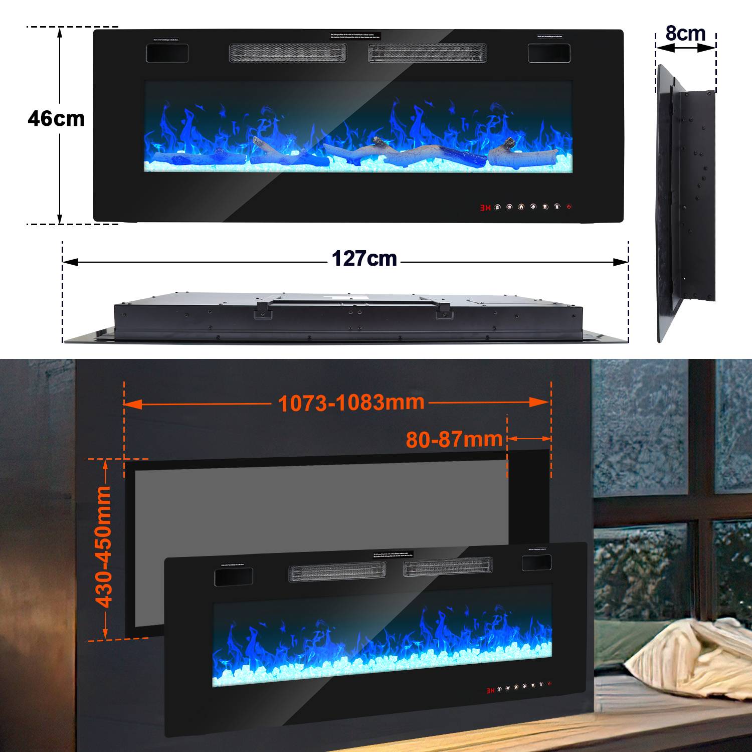 750W/1500W Elektrische Kamine mit Heizung & Kaminfeuer Elektrokamin mit LED Flammeneffekt Kaminofen Heizgerät Heizer Ofen