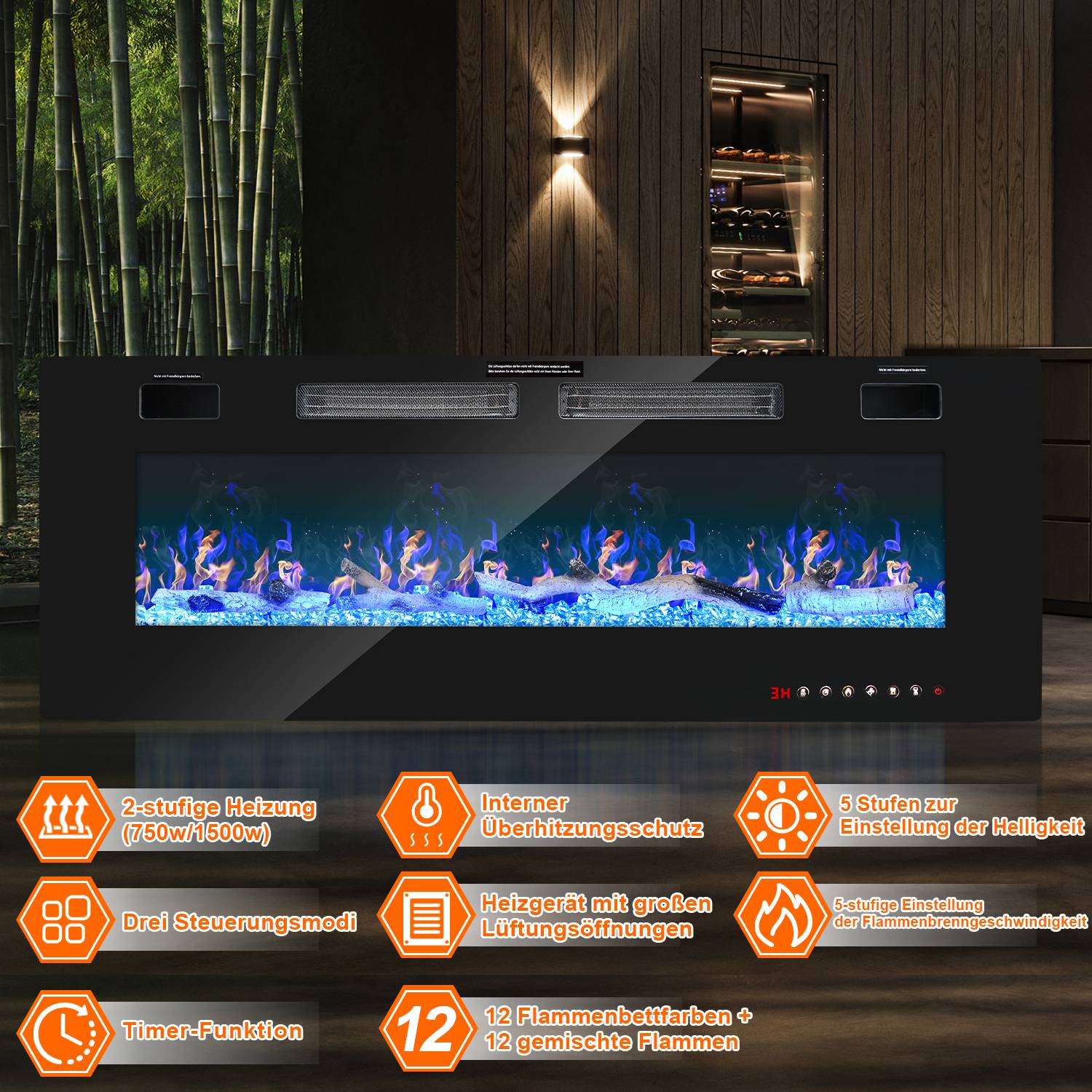 750W/1500W Elektrische Kamine mit Heizung & Kaminfeuer Elektrokamin mit LED Flammeneffekt Kaminofen Heizgerät Heizer Ofen