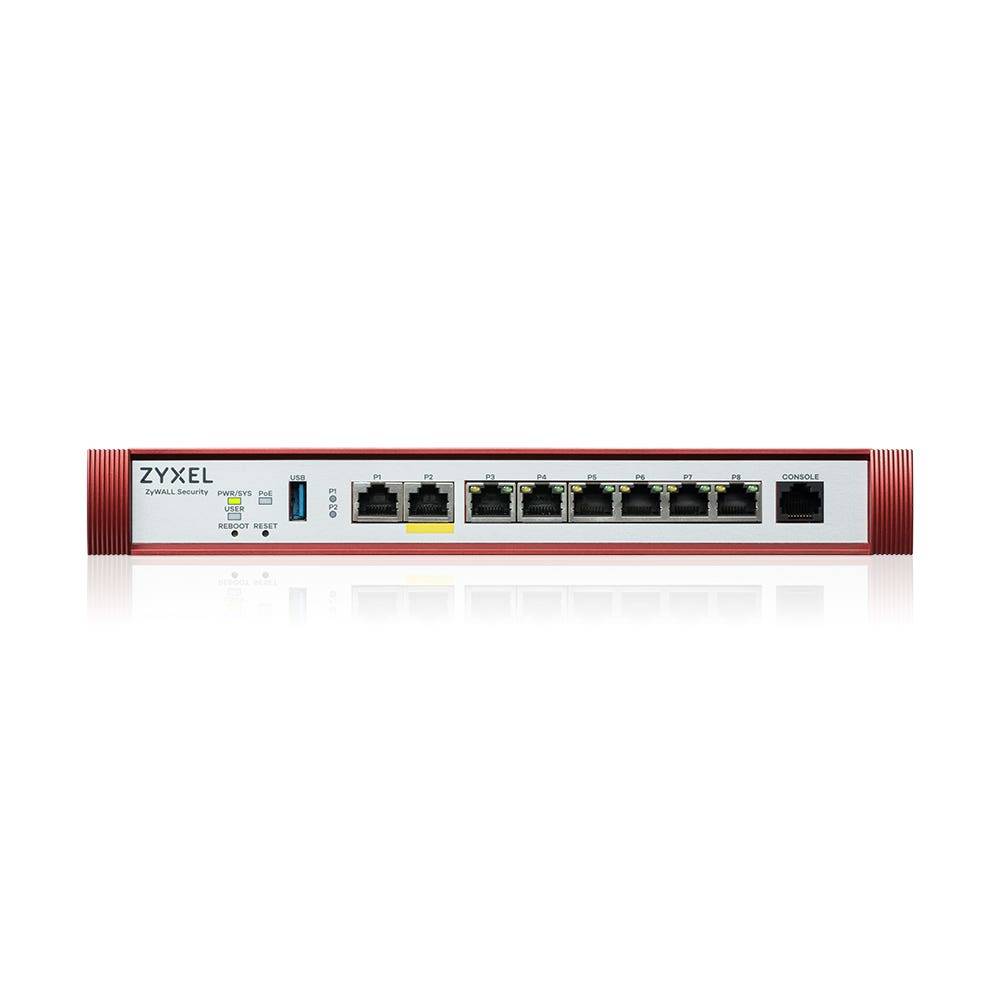 Frontansicht eines Zyxel-Sicherheitsgeräts/einer Firewall mit mehreren Ethernet-Anschlüssen, Statusleuchten und einem Konsolenport auf weißem Hintergrund.