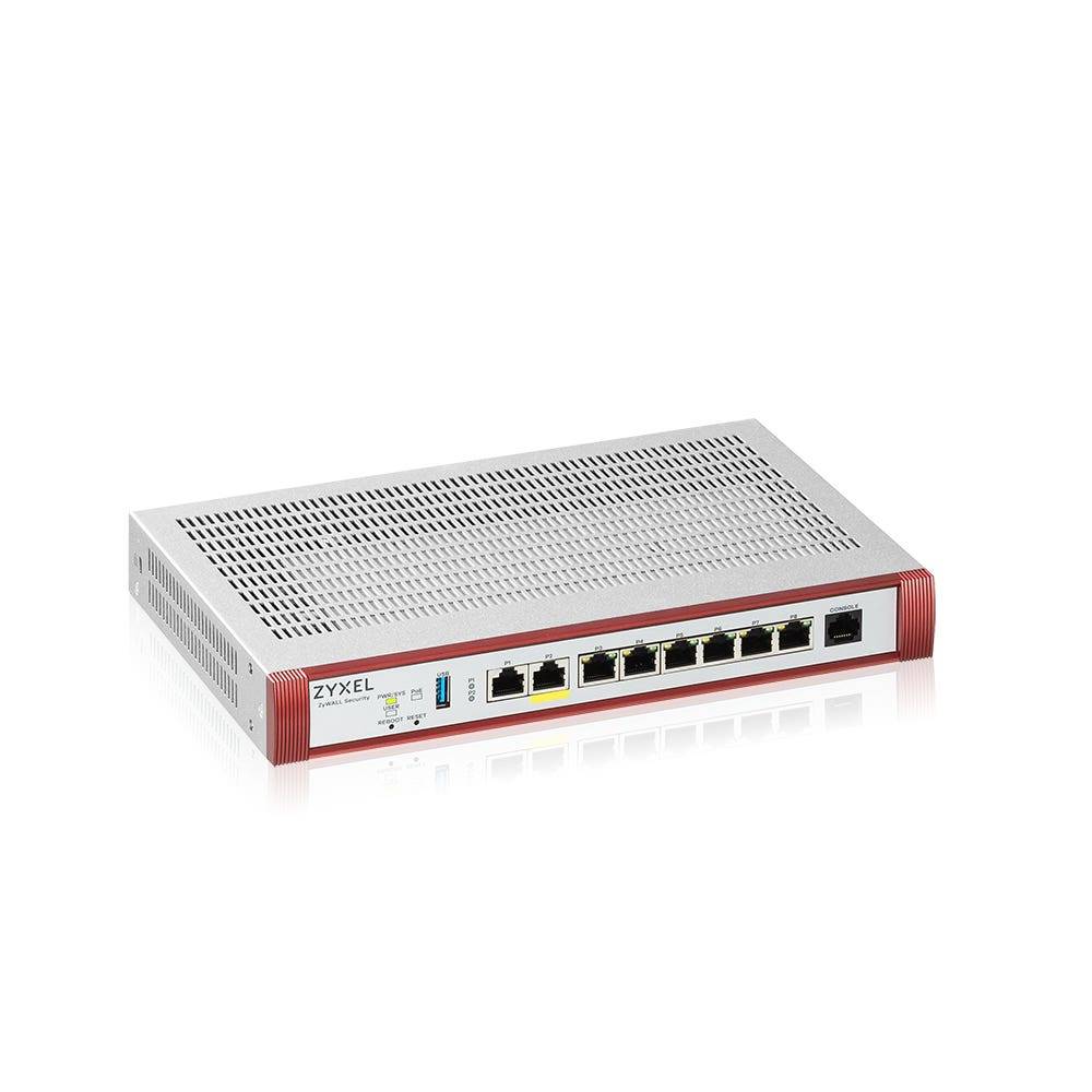 Ein Zyxel-Netzwerk-Switch/Router mit mehreren Ethernet-Anschlüssen und Status-LEDs, auf weißem Hintergrund dargestellt.