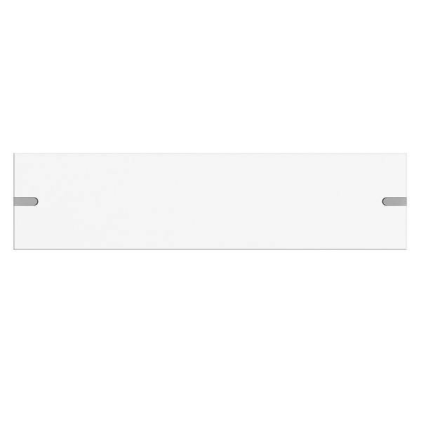 Ein rechteckiges weißes Panel mit zwei symmetrischen Aussparungen an jeder Schmalseite, möglicherweise für das Schieben oder Einsetzen in einen Führungsmechanismus verwendet.