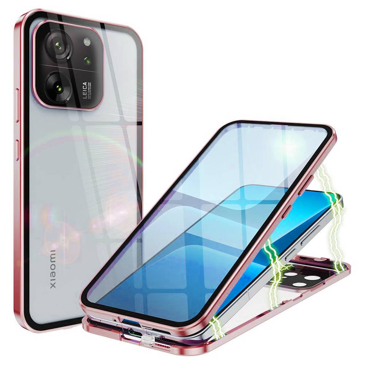 Für Xiaomi 13T / 13 T Pro Beidseitiger 360 Grad Magnet Glas Hülle Handy Tasche Bumper Rot