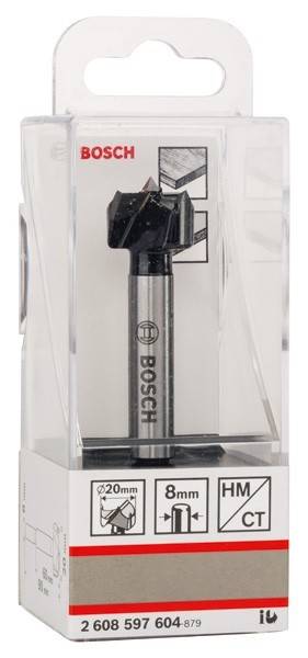 Ein Bosch-Bohrer in einer transparenten Box, konzipiert für die Holzbearbeitung. Der Bohrer verfügt über eine scharfe Spitze, die für präzise Bohranwendungen geeignet ist.