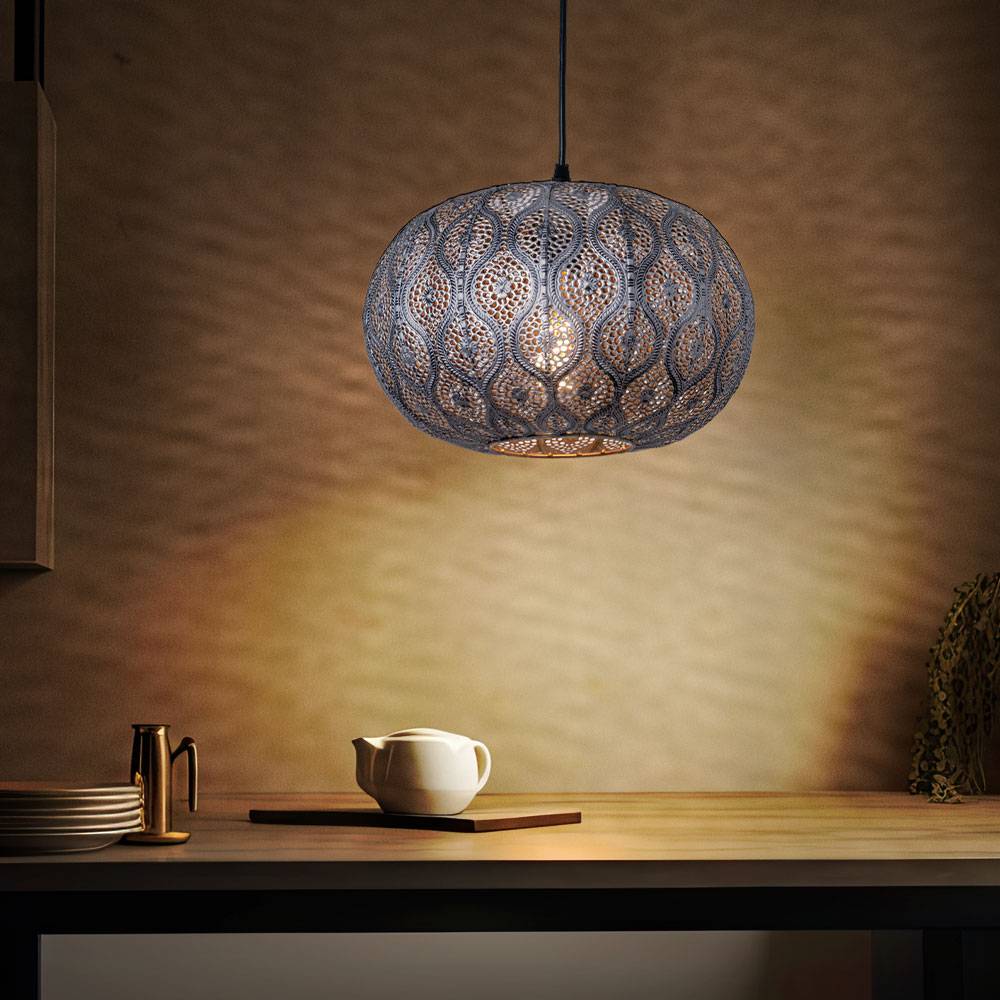 Decken Pendelleuchte im orientalischen Design Hängelampe mit rundem Lampenschirm, schwarz silber-metallic, 1x E27, DMxH 30x120cm, Wohnzimmer