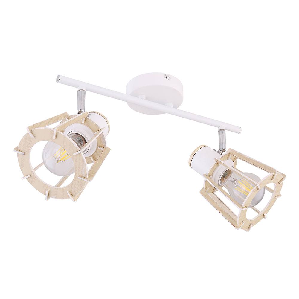 Deckenleuchte weiss Deckenstrahler Holz Spotlampen für Decke, 2 flammig Spots beweglich, Landhausstil Holzoptik Metall weiß natur, 2x E27 Fassungen