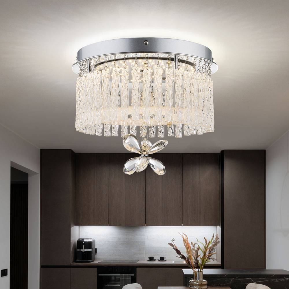 Kronleuchter Deckenleuchte Deckenlampe Wohnzimmerleuchte Kristallleuchte, Glasbehang Kristalle klar, LED 12W 840Lm neutralweiß, DxH 28x22cm