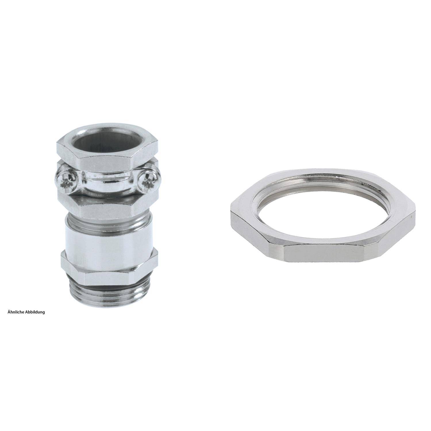 Das Bild zeigt einen metallenen sechseckigen Kabelverschraubung mit einer dazugehörigen Sicherungsmutter, die zum Befestigen und Abdichten von Kabeln in einem Gehäuse verwendet wird.