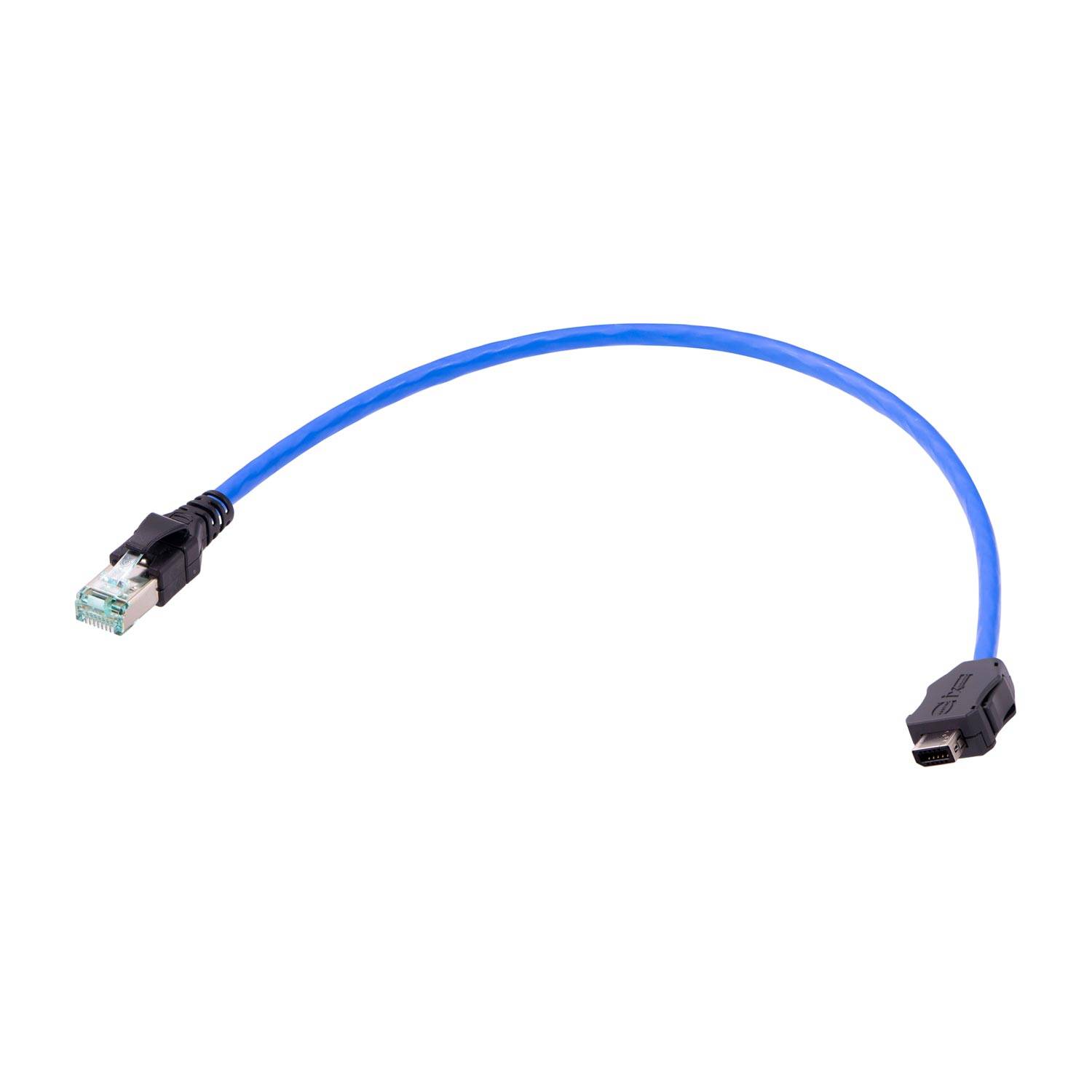 Ein blaues USB-Kabel mit unterschiedlichen Anschlüssen an jedem Ende, das zum Verbinden von Geräten verwendet wird.