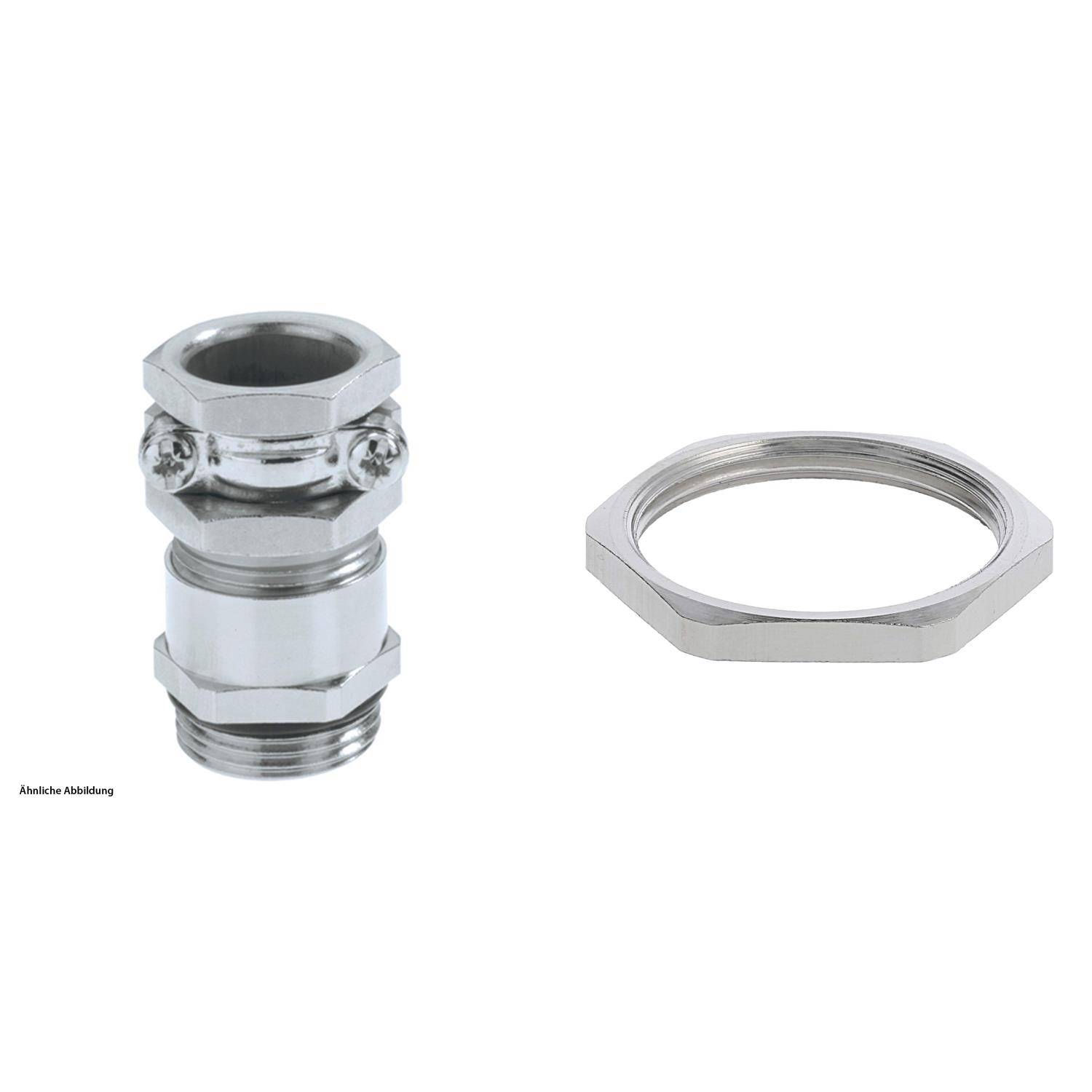 Kabelverschraubung und Ring aus Edelstahl, separat dargestellt. Die Verschraubung verfügt über einen Gewindeabschnitt und mehrere Dichtungsringe.