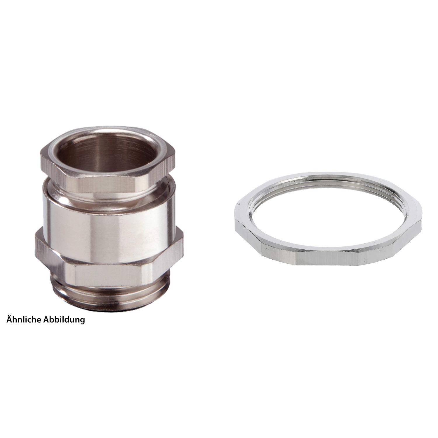 Metallischer sechskantiger Stecker und Verriegelungsring mit Darstellung der Gewindeteile, typischerweise verwendet in der Kabelführung oder industriellen Verbindungen.