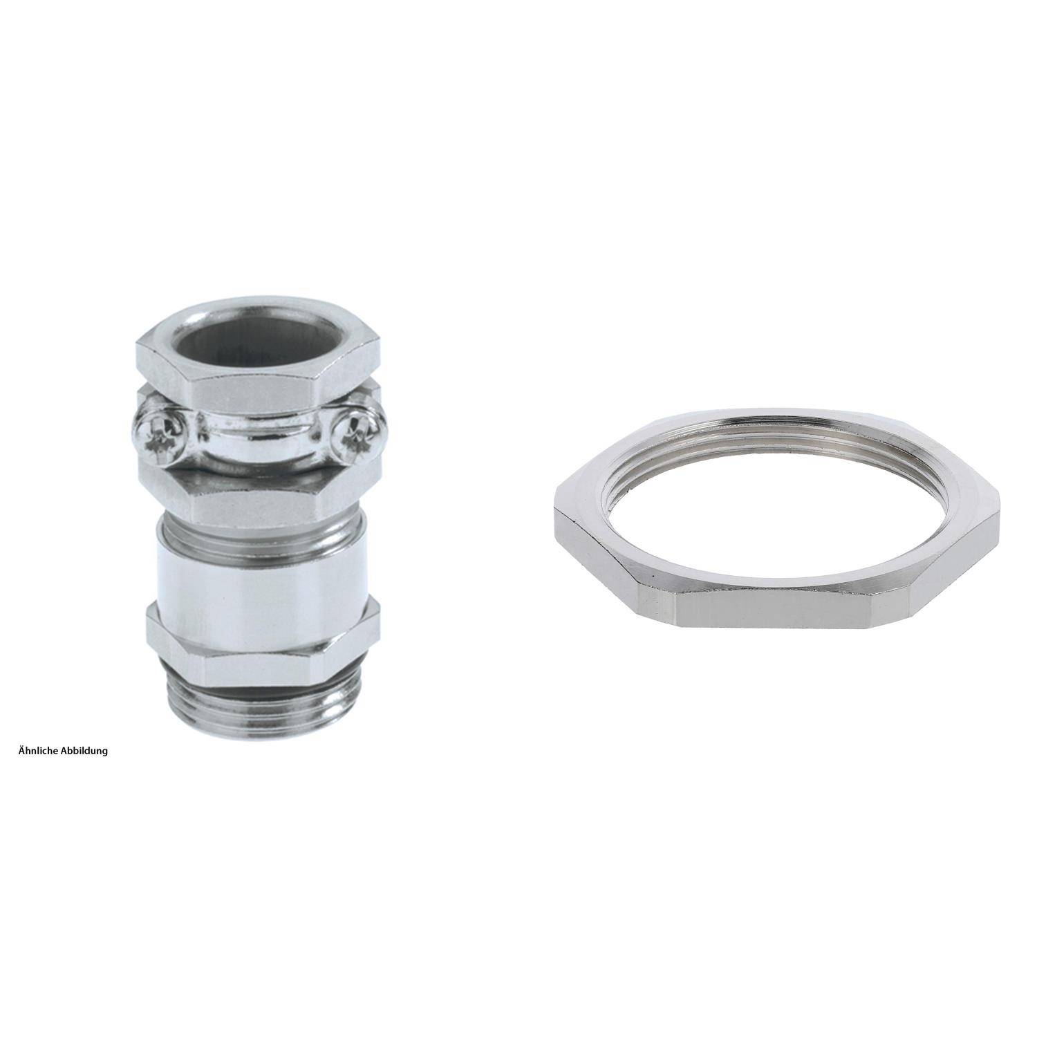 Metallische Kabelverschraubung mit sechskantigem Gegenmutter, konzipiert zur Befestigung von Kabeln in elektrischen Systemen.