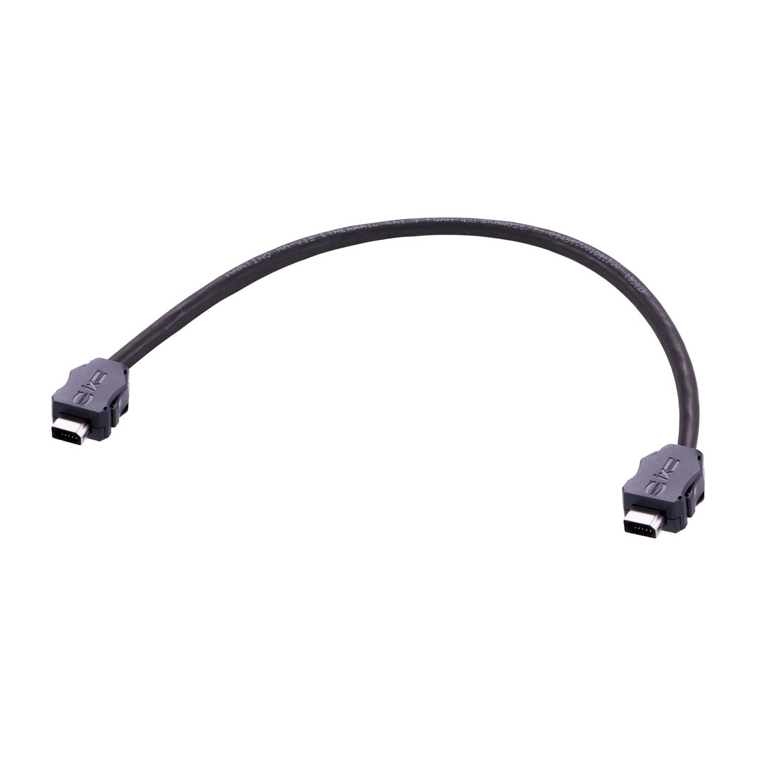 Ein schwarzes Kabel mit identischen Steckern an beiden Enden, entwickelt zum Verbinden von Geräten für Datenübertragung oder Stromversorgung.