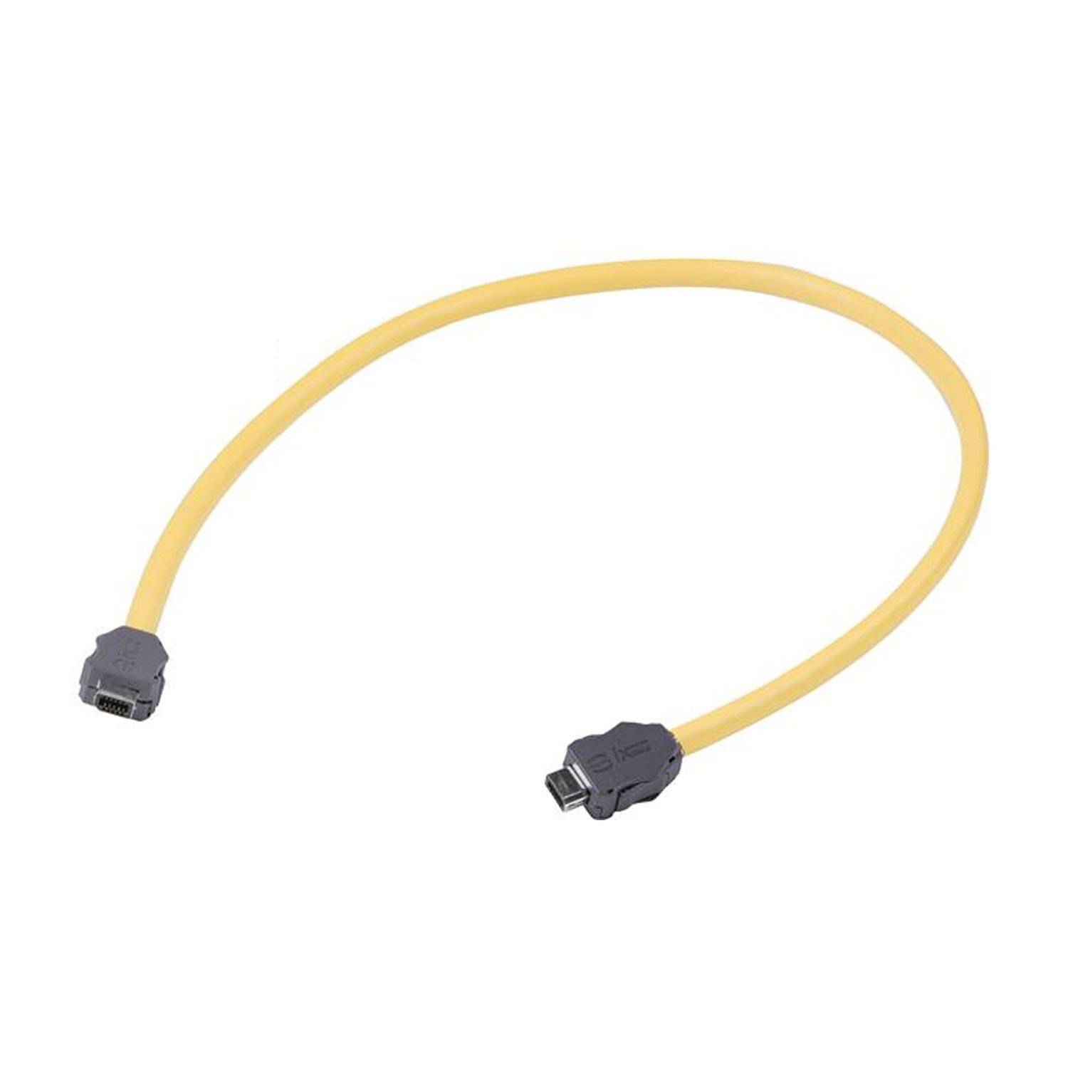 Ein gelbes Ethernet-Kabel mit grauen Steckern an jedem Ende, zu einer lockeren Schleife gewickelt.