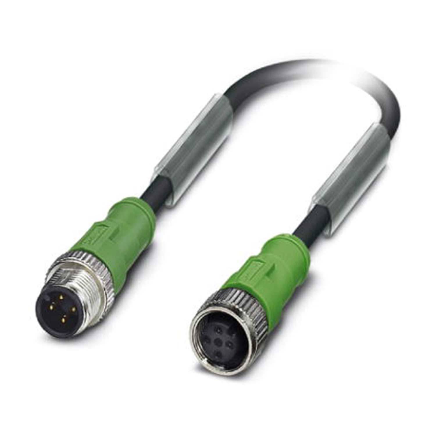 Ein grün und schwarz gefärbtes Elektrokonnektorkabel mit Metallanschlüssen und Buchsenkontakten an jedem Ende für sichere Verbindung.