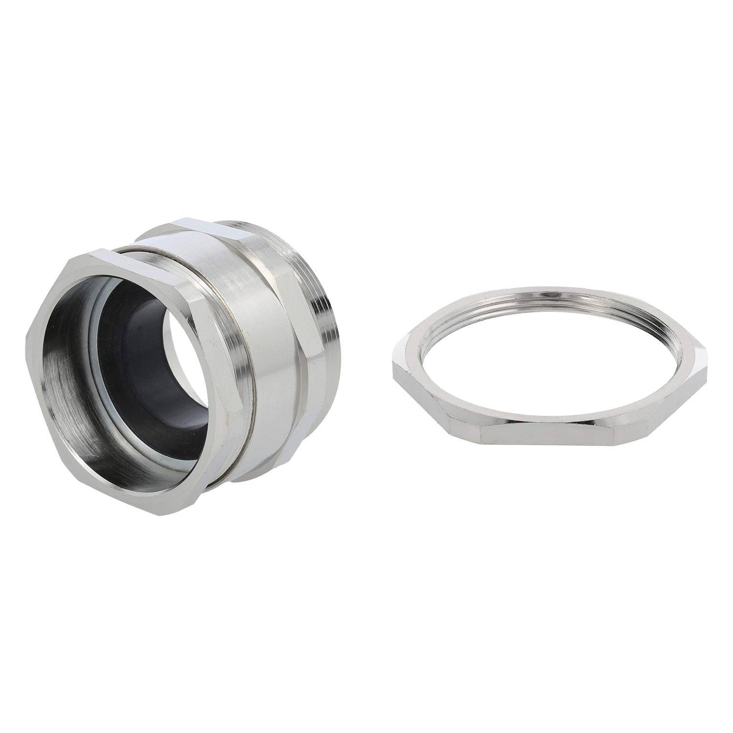 Zwei Edelstahl-Kompressionsverschraubungen, eine montiert und eine zerlegt, zum Sichern von elektrischen Kabeln oder Leitungen.