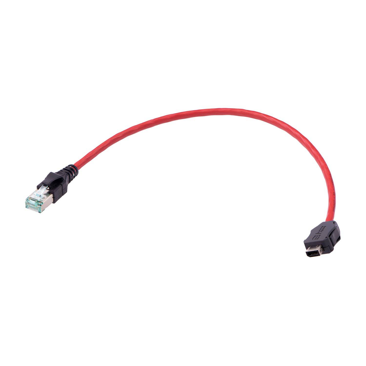 Ein rotes SATA-Datenkabel mit einem Winkelstecker und einem geraden Stecker, das verwendet wird, um Speichergeräte mit einem Computer-Motherboard zu verbinden.