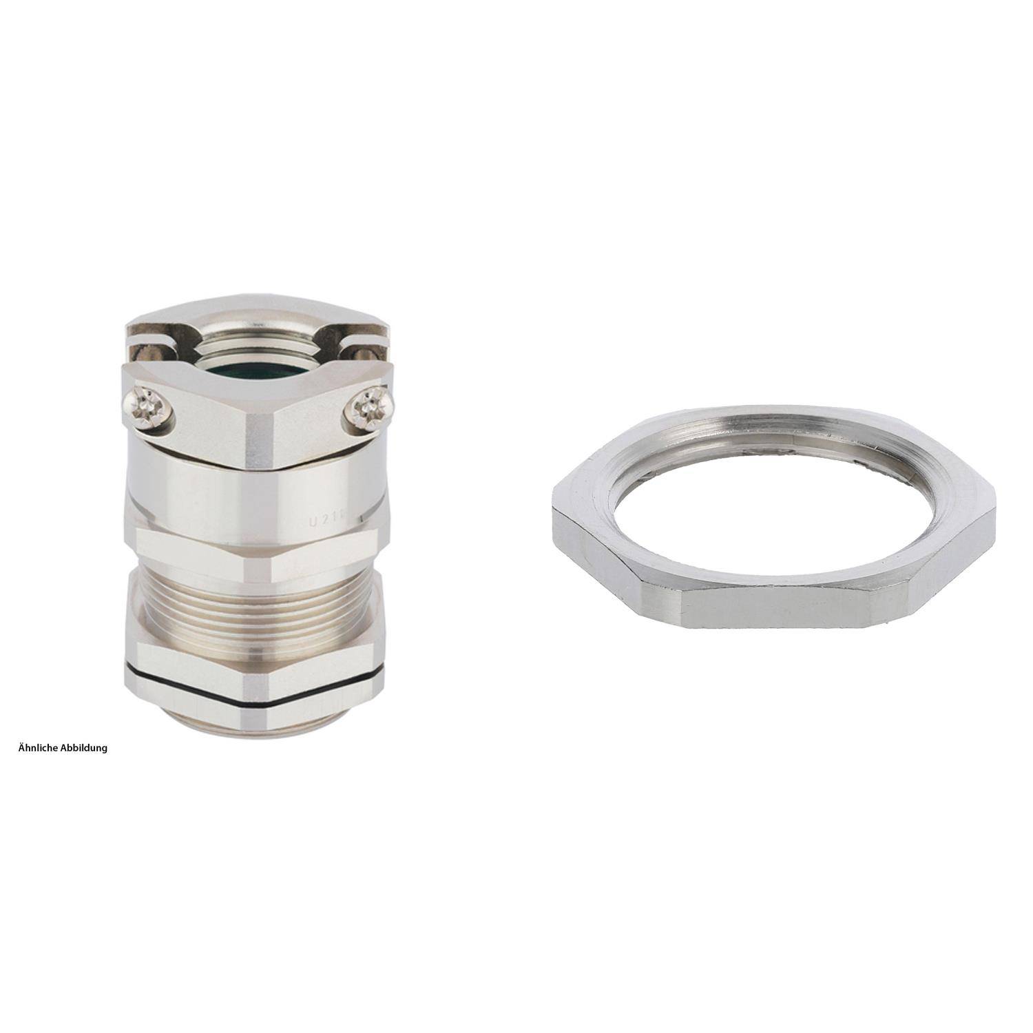 Metallische Kabelverschraubung mit der entsprechenden sechskantigen Mutter daneben, verwendet zum Sichern und Abdichten von Kabeln durch eine Platte oder Verteilerdose.