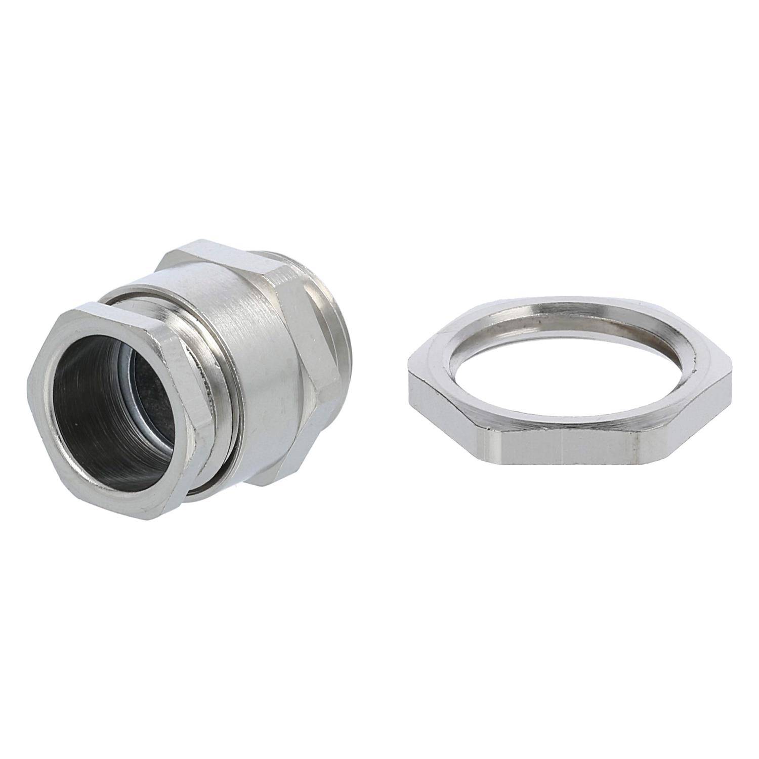 Metallisches Kabelverschraubung und Sicherungsmutter, separat dargestellt, aus Edelstahl.
