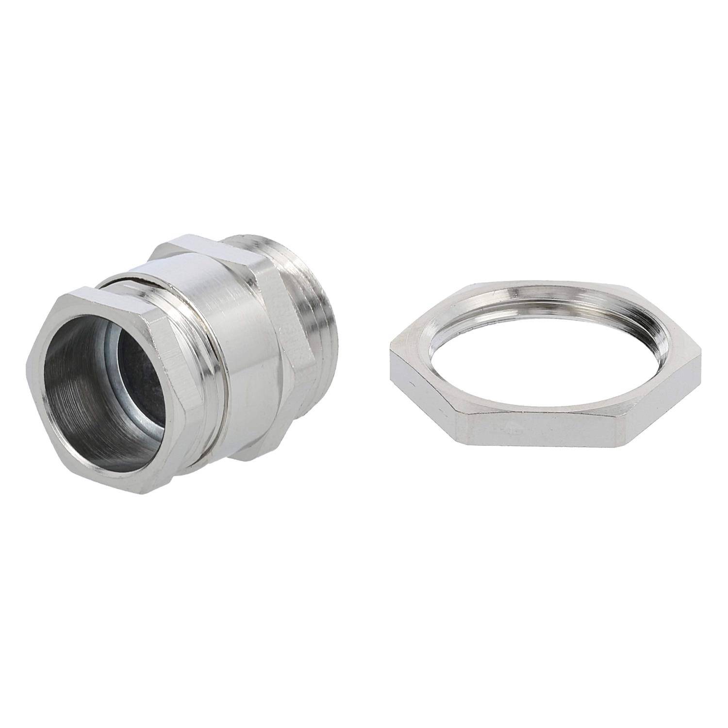 Kabelverschraubung aus Stahl mit Gegenmutter, sechseckige Form, mit Außengewinde, zur Befestigung von Kabeln in elektrischen Gehäusen.