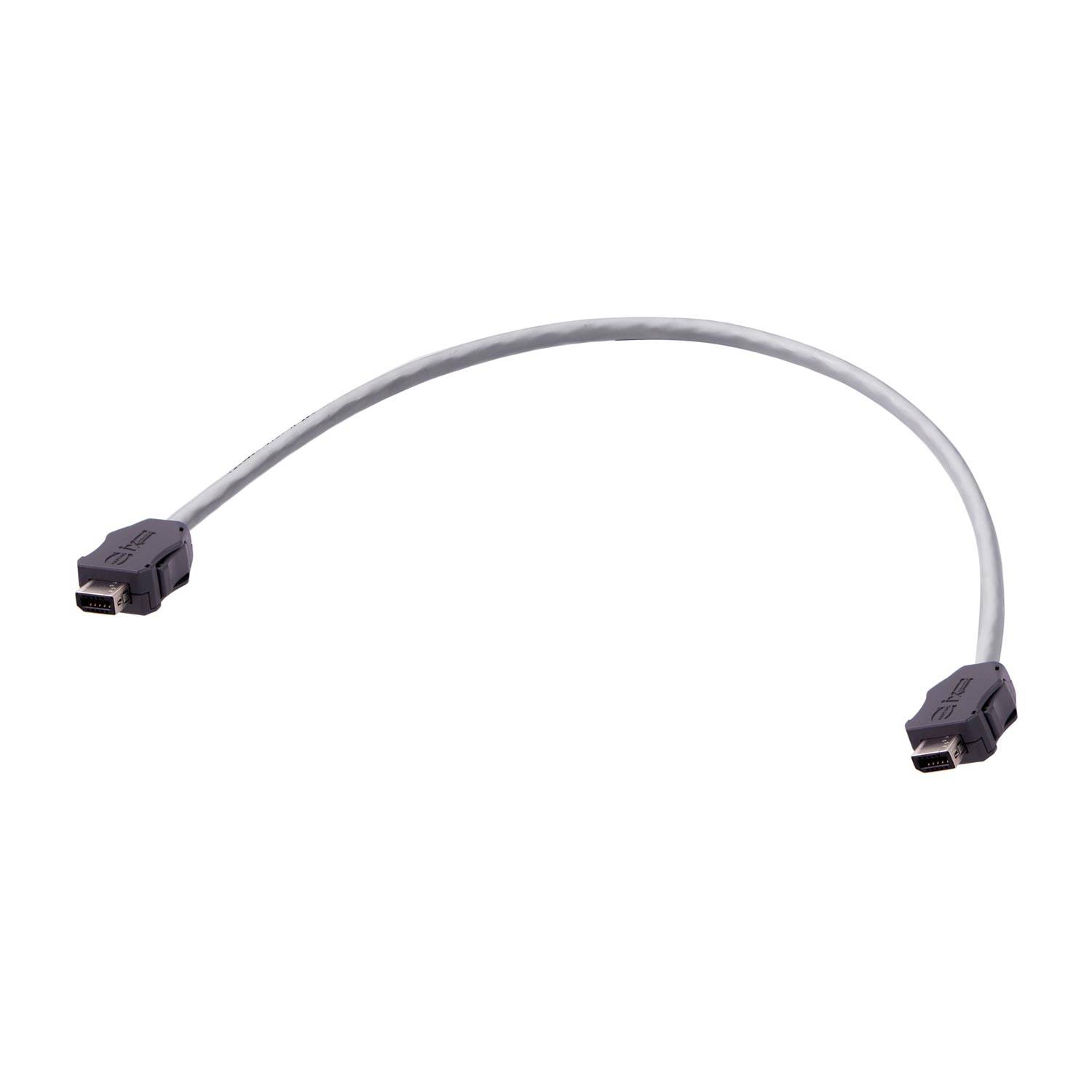 Ein weißes IEEE 1394 FireWire-Kabel mit schwarzen Steckverbindern an beiden Enden, das für die Hochgeschwindigkeitsdatenübertragung zwischen elektronischen Geräten verwendet wird.