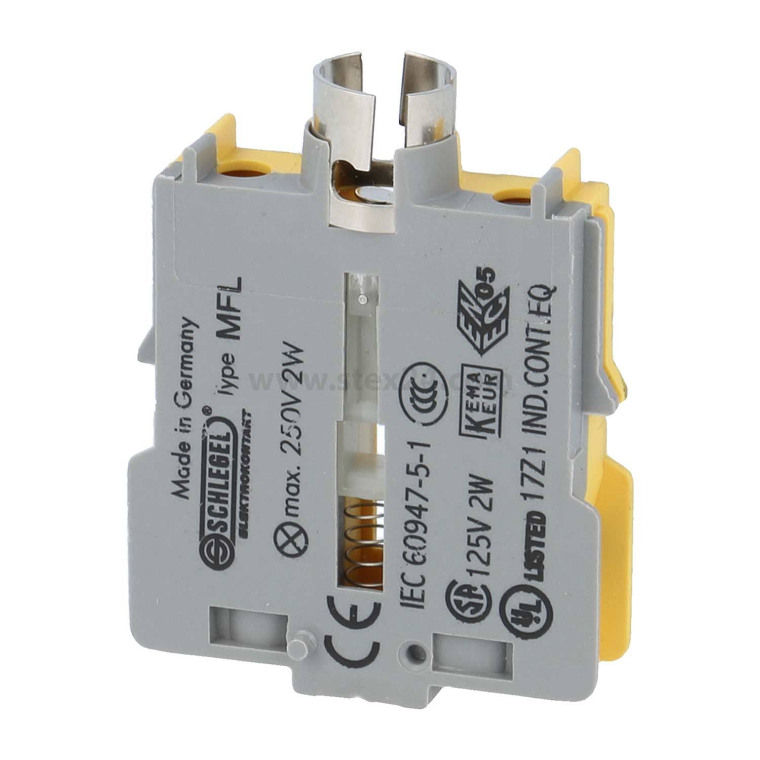 Ein Schneider Electric Kontaktblock mit Zertifizierungssymbolen, Modell MFL, mit Metallkontakten an der Oberseite, der in elektrischen Anlagen verwendet wird.