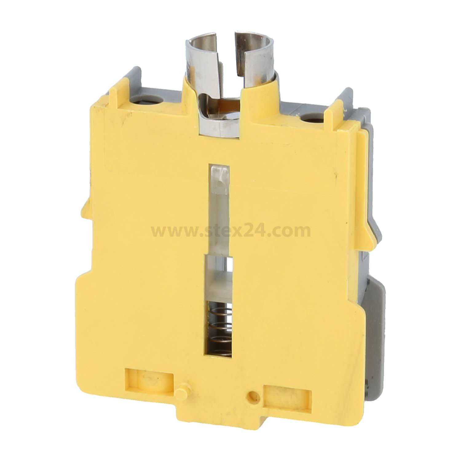 Ein gelber elektrischer Anschlussklemmenblock mit Metallverbindern und einem Federmechanismus, der zur Befestigung von elektrischen Leitungen in Schaltkreisen verwendet wird.