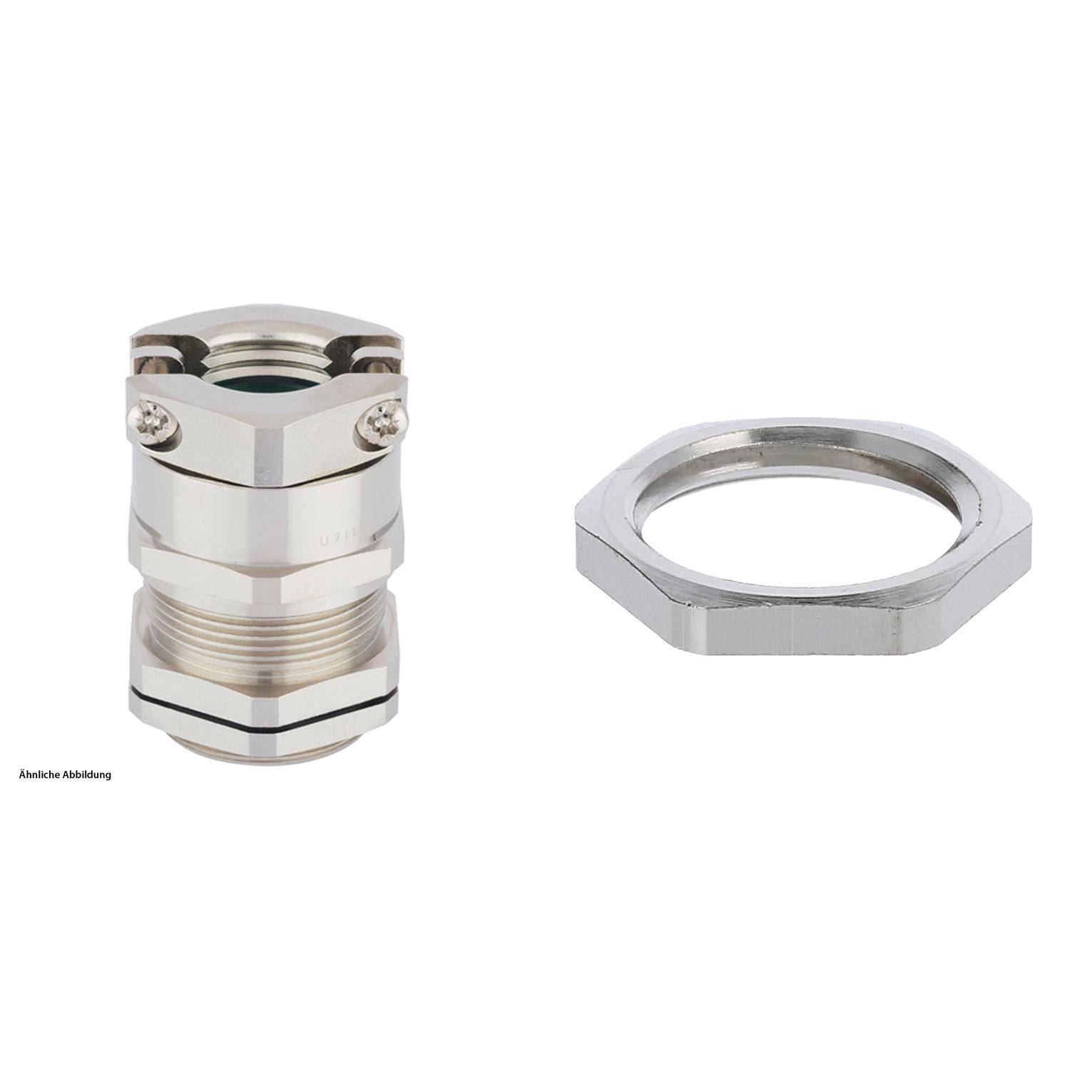 Ein metallischer Kabelverschraubung mit einer Dichthülse, geeignet zum Sichern von Kabeln, zusammen mit einer passenden sechseckigen Sicherungsmutter.