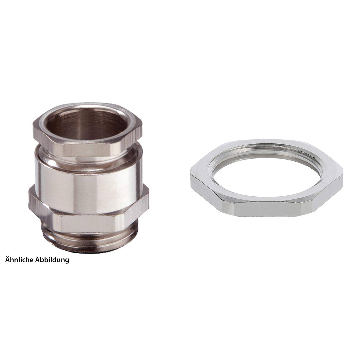 Ein Metall-Kabelverschraubung mit Schraubengewinde, zusammen mit einer passenden sechskantigen Sicherungsmutter, beide metallisch in der Optik.