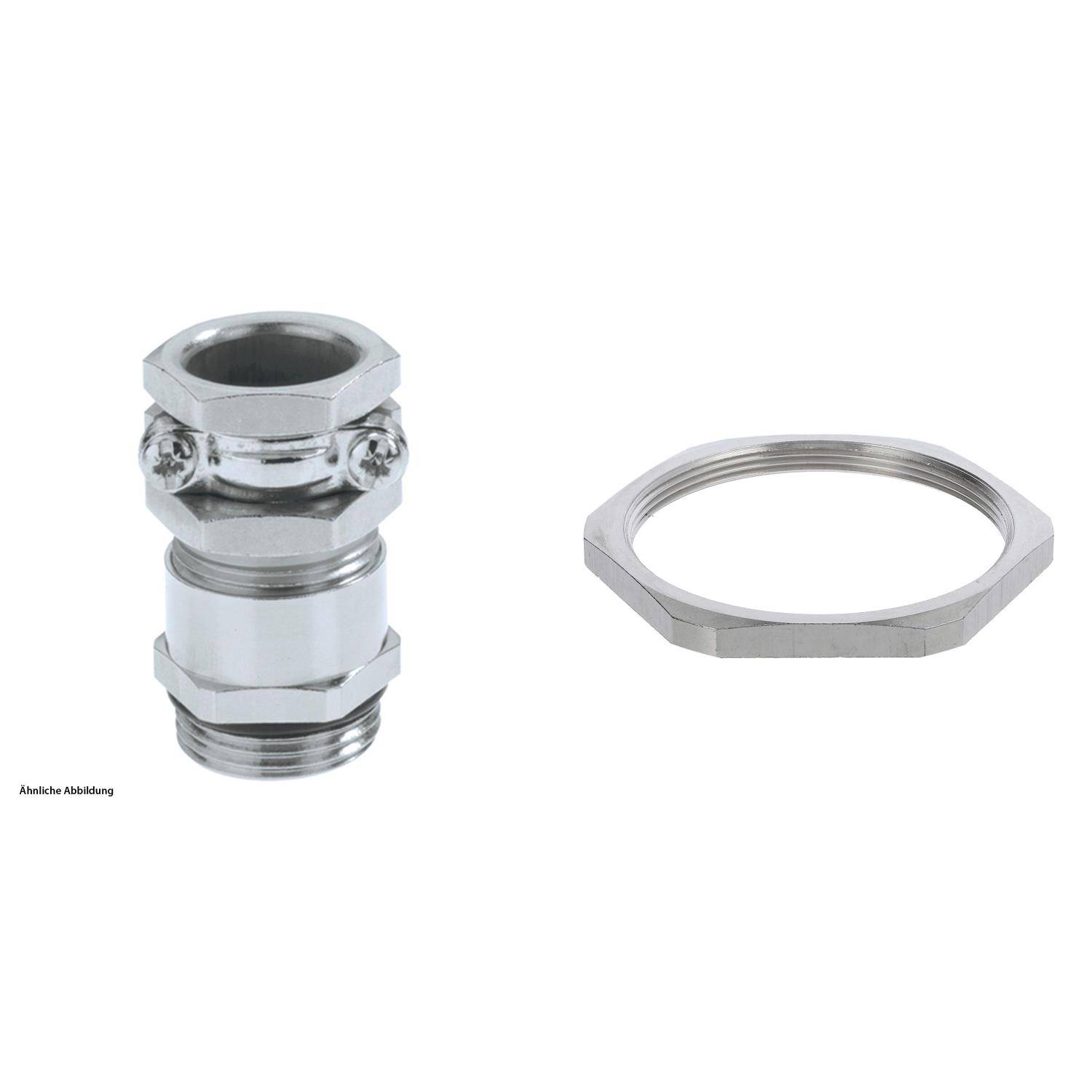 Eine Kabelverschraubung mit Mutter, metallische Oberfläche, verwendet zur Sicherung von Kabeln in elektrischen Geräten.