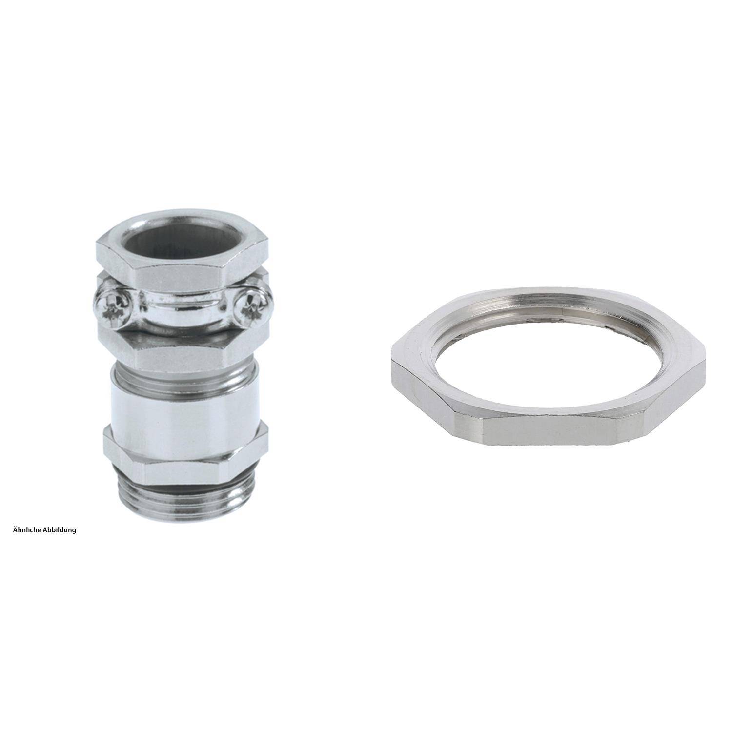 Metallkabelverschraubung mit sechskantigem Sicherungsmutter auf der rechten Seite, verwendet zum Sichern von Kabeln in elektrischen Anwendungen.
