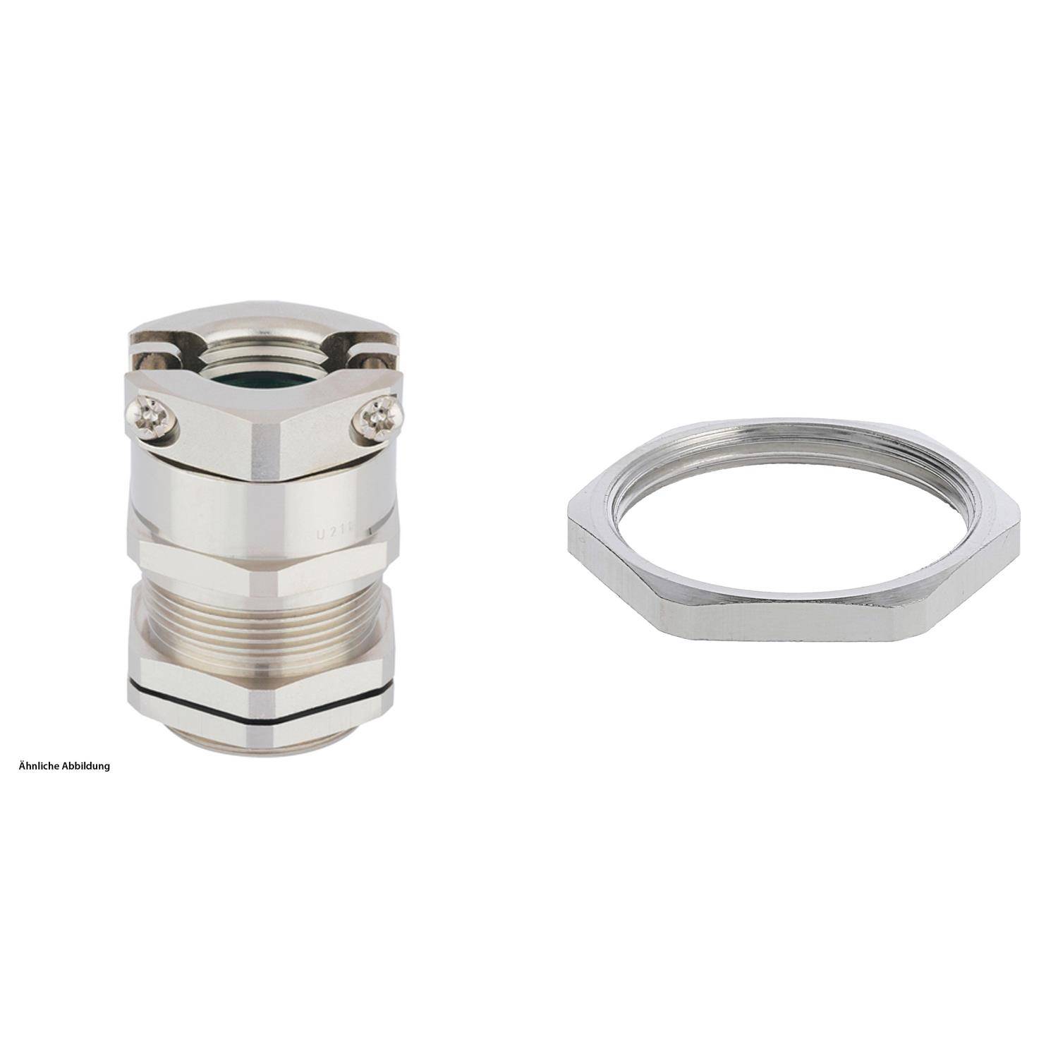 Metall-Kabelverschraubung mit Gewindeanschluss und Sicherungsmutter, konzipiert für sichere Kabelverbindungen.