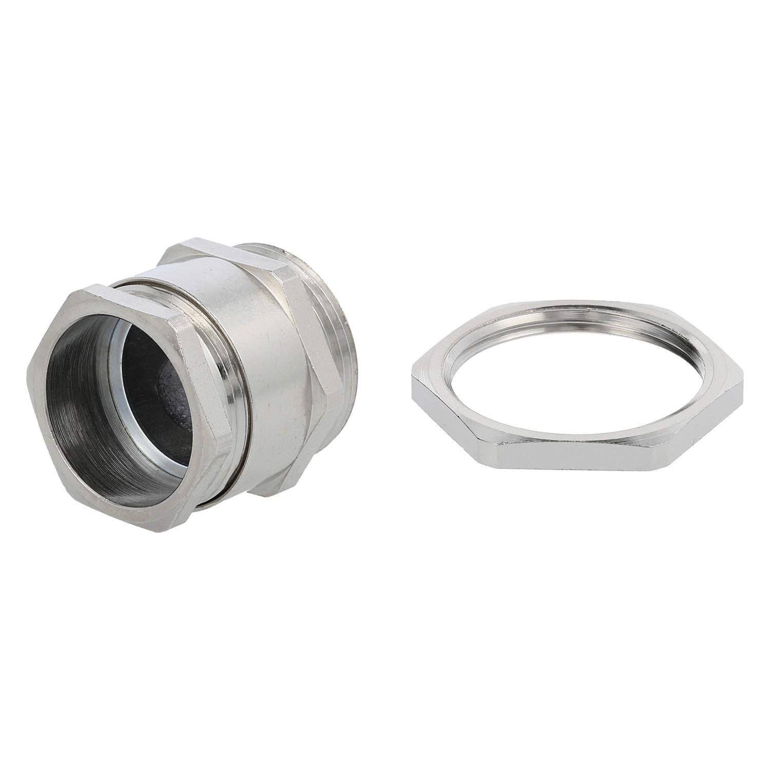 Sechseckiger Metall-Elektroleitungsverbinder mit Gewindestopfen, in zerlегter Form dargestellt. Geeignet zum Sichern von Elektrokabeln.