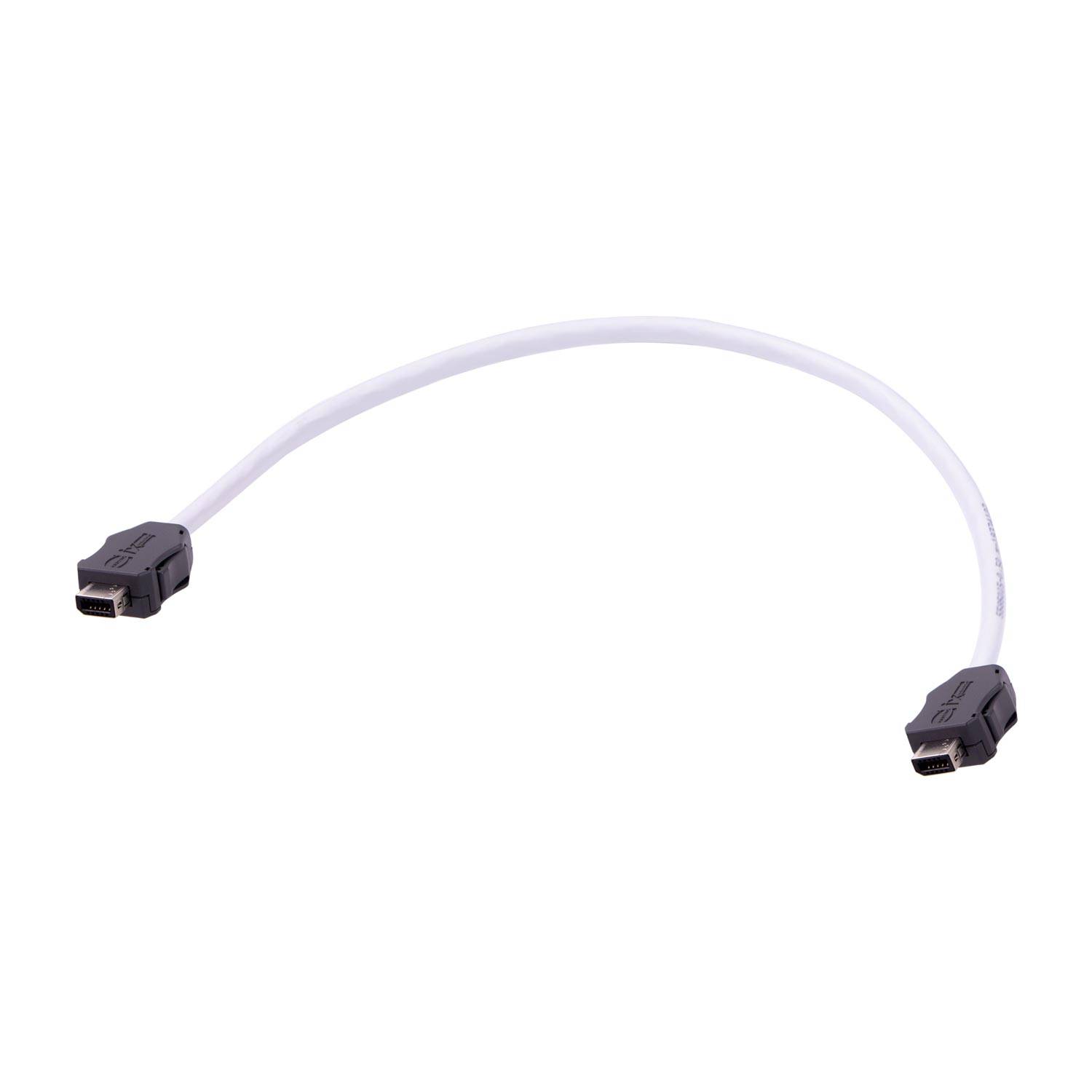 Ein weißes Kabel mit schwarzen Steckern an jedem Ende, wahrscheinlich für Datentransfer oder Ladefunktionen verwendet.