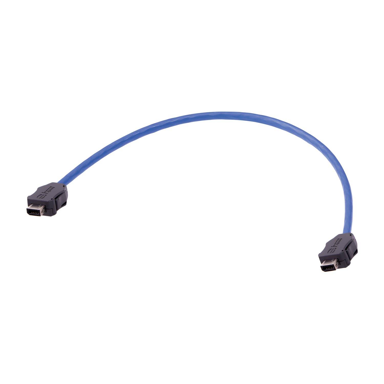 Ein kurzes blaues Kabel mit passenden Steckern an jedem Ende, das typischerweise zum Verbinden elektronischer Geräte verwendet wird.