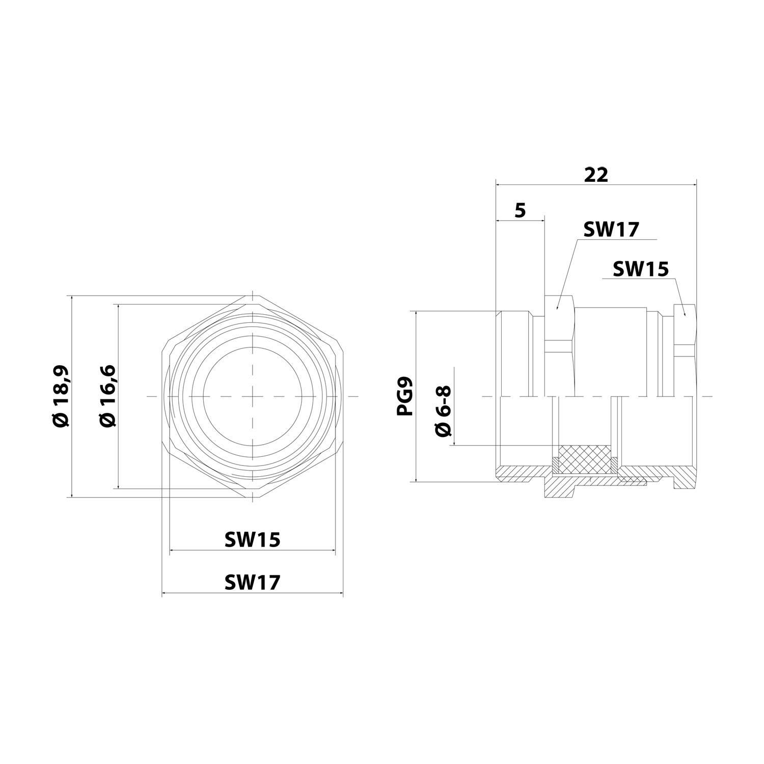 Technische Zeichnung einer sechseckigen Schraube und Mutter mit beschrifteten Maßen: 18,9, 16,6, PG9, SW17, SW15 und 22.