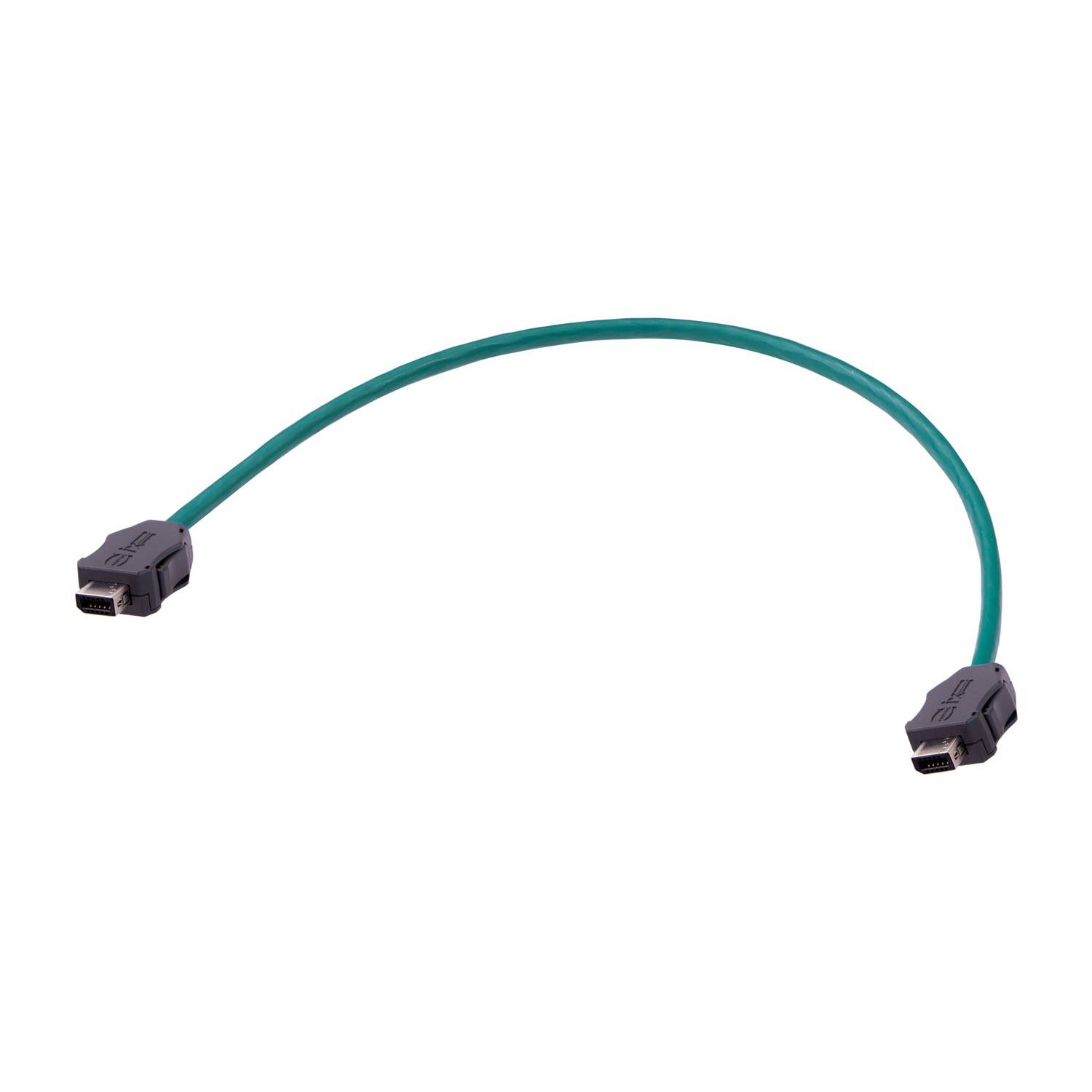 Ein grünes FireWire-Kabel mit zwei Anschlüssen an jedem Ende, das zum Verbinden von Geräten für die Datenübertragung verwendet wird.