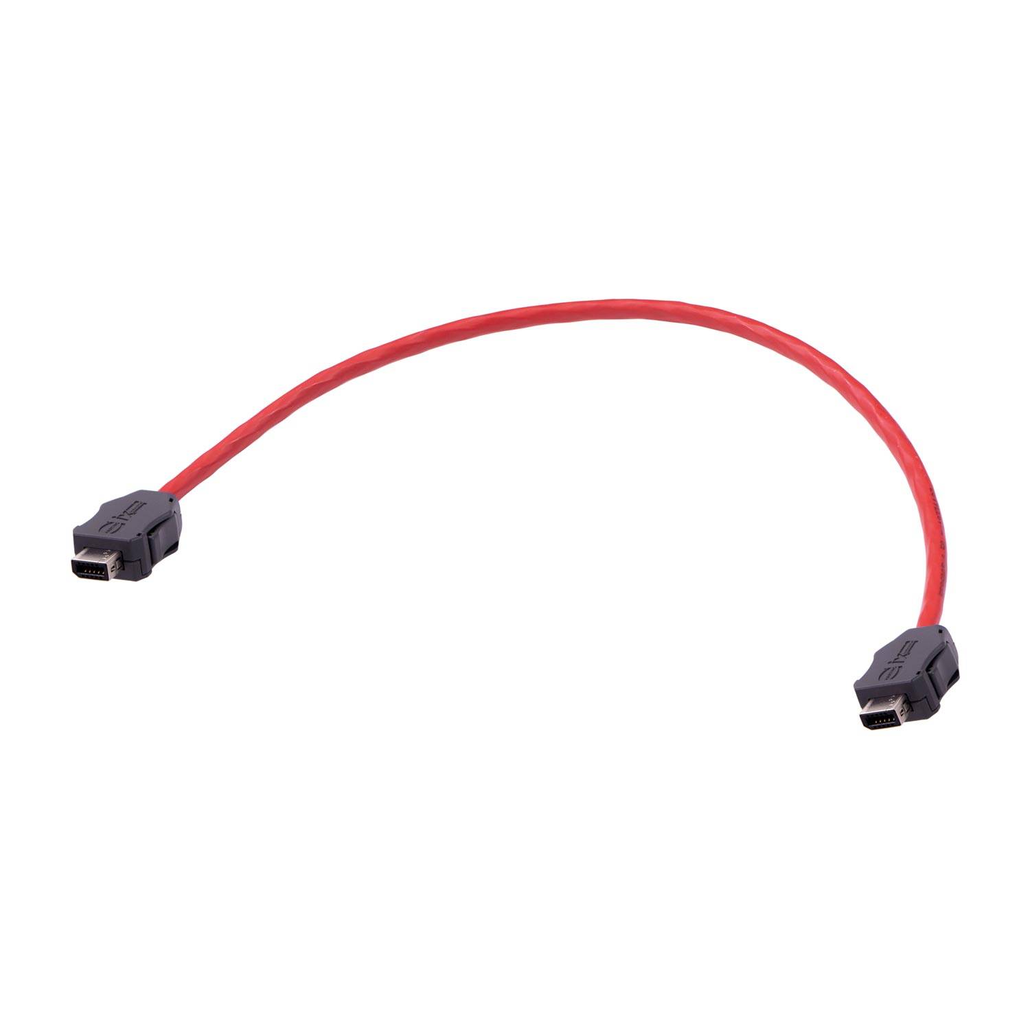 Ein rotes SATA-Kabel mit schwarzen Anschlüssen an beiden Enden, das zum Verbinden von Speichergeräten mit dem Motherboard verwendet wird.