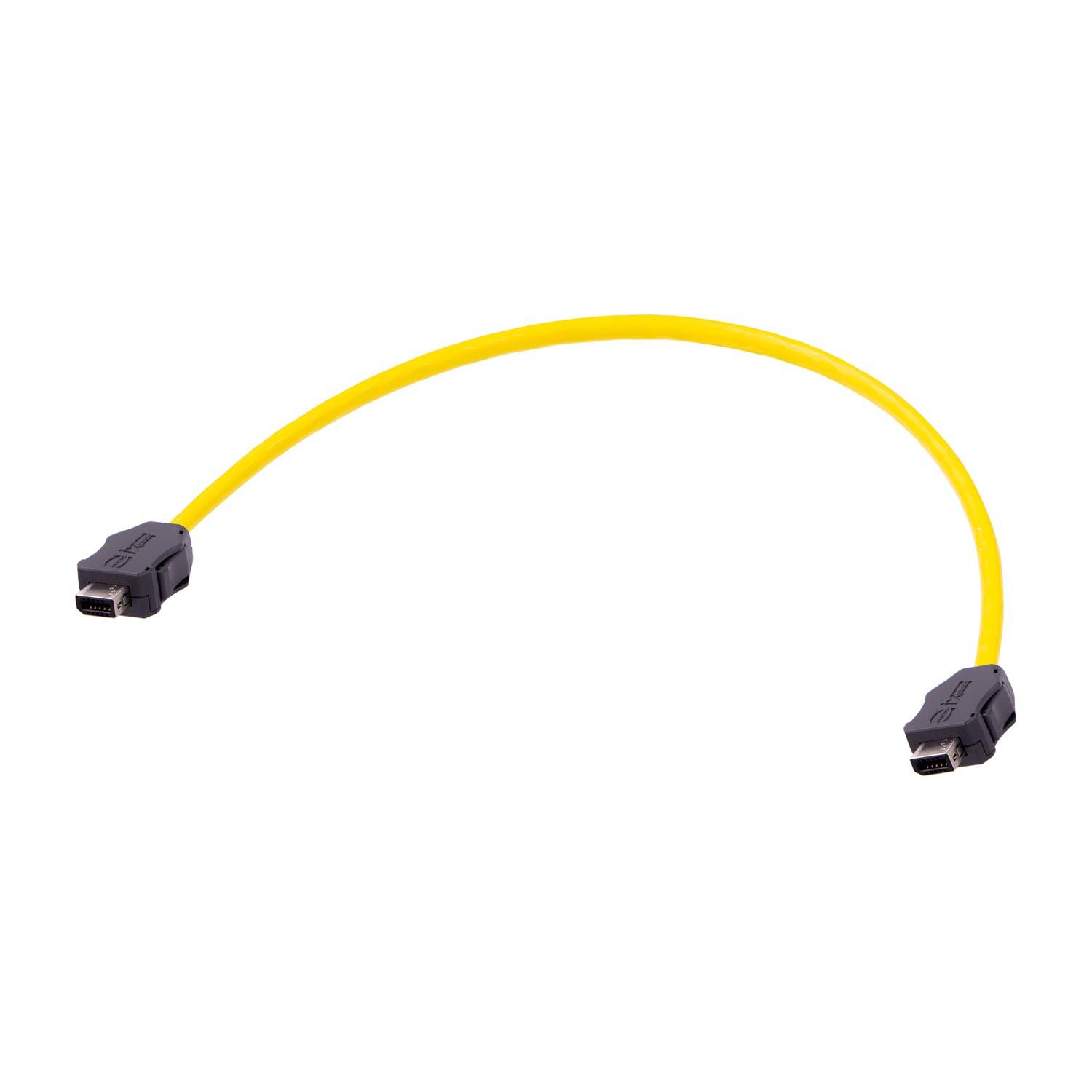 Ein gelbes FireWire 800-Kabel mit zwei 9-poligen Anschlüssen an jedem Ende, das für den schnellen Datentransfer zwischen kompatiblen Geräten verwendet wird.