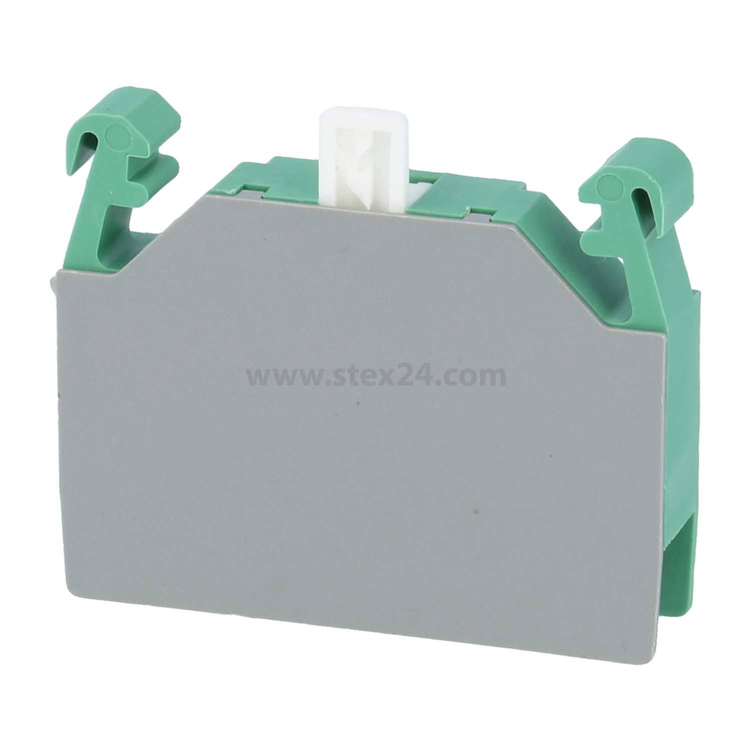 Ein grün-grauer elektrischer Terminalblock mit einem weißen Verschluss oben. Die Domain 'www.stex24.com' ist auf der Oberfläche schwach sichtbar.