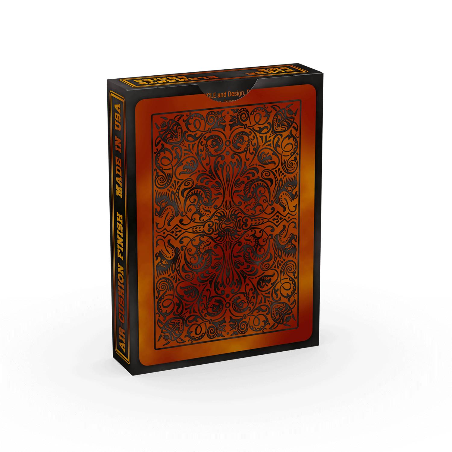 Orange und schwarze verzierte Spielkartenschachtel mit dekorativem Blumenmuster auf der Vorderseite und 