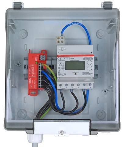 Elektrischer Zählerschrank mit angeschlossener Verkabelung, ausgestattet mit einem roten Schaltmodul und blauen Kabeln, der zur Überwachung und Steuerung von Elektrizität verwendet wird.