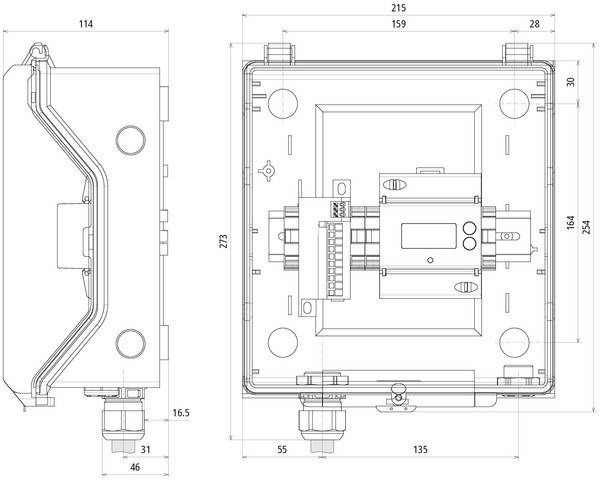 Technische Zeichnung eines elektronischen Gehäuses mit Maßen. Zwei Ansichten: Vorder- und Seitenansicht, die Komponentenanordnung und Abmessungen zeigen.