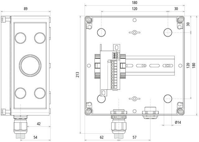 Ein technisches Diagramm, das die Abmessungen und Merkmale eines elektrischen Gehäuses mit Montageinformationen zeigt. Wesentliche Maße umfassen 180x120 mm und 213x62 mm.