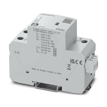 Überspannungsschutzgerät von Phoenix Contact, Modell PLT-SEC-T3-230-FM-UT, für elektrische Systeme; gekennzeichnet mit Spannungs- und Stromstärkewertangaben.