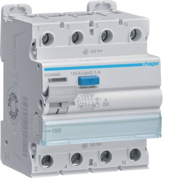 Ein Hager CGA690 Leistungsschalter mit mehreren nummerierten Anschlüssen. Geeignet für 125A und verfügt über einen integrierten Testknopf.