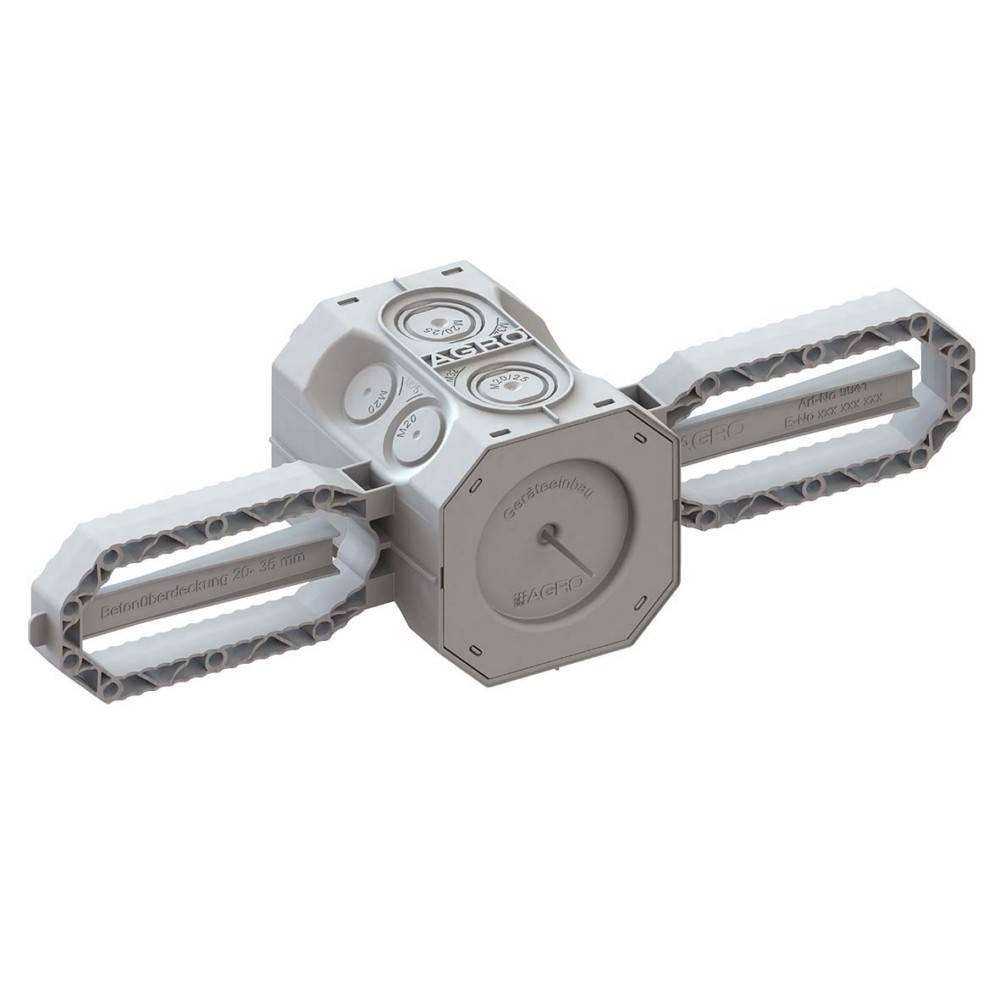 Ein sechseckiges, futuristisches Raumschiff mit gravierten Logos und Messgeräten an seinem Körper und zwei ausgestreckten, flügelartigen Strukturen an jeder Seite.